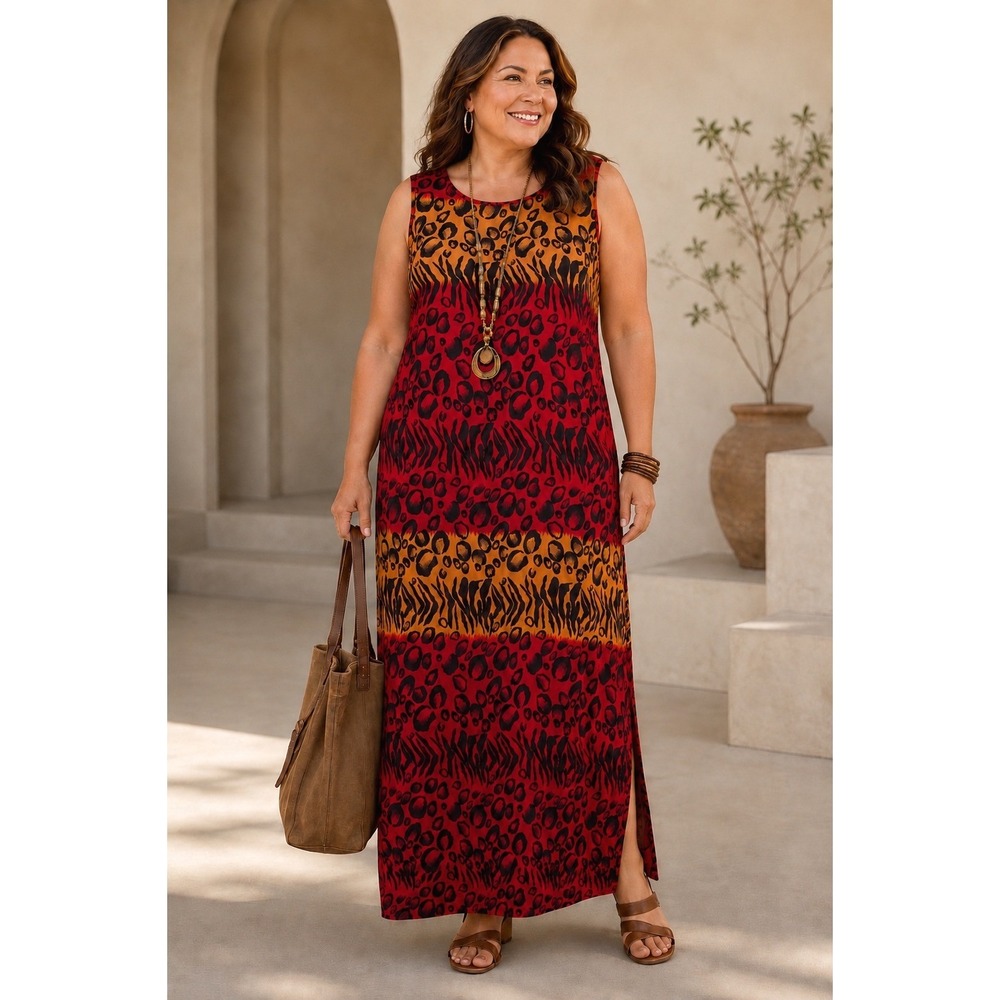 JM COLLECTION Animal Print Maxi Dress 2X NEW Artsy Sleeveless Sangria Red